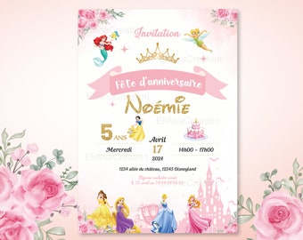 Carte d'invitation anniversaire à personnaliser sur le thème Princesses