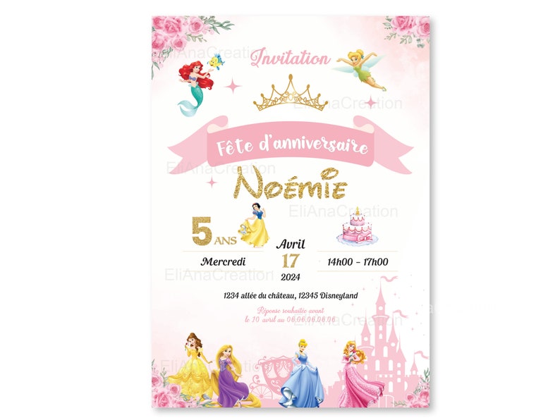 Carte d'invitation anniversaire à personnaliser sur le thème Princesses - Faire-part anniversaire image 4