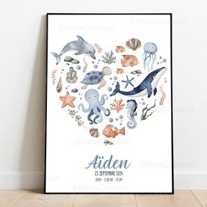 Cartel de nacimiento personalizado - Tema Universo Marino / Océano - Decoración de la habitación del bebé o regalo de nacimiento imagen 2