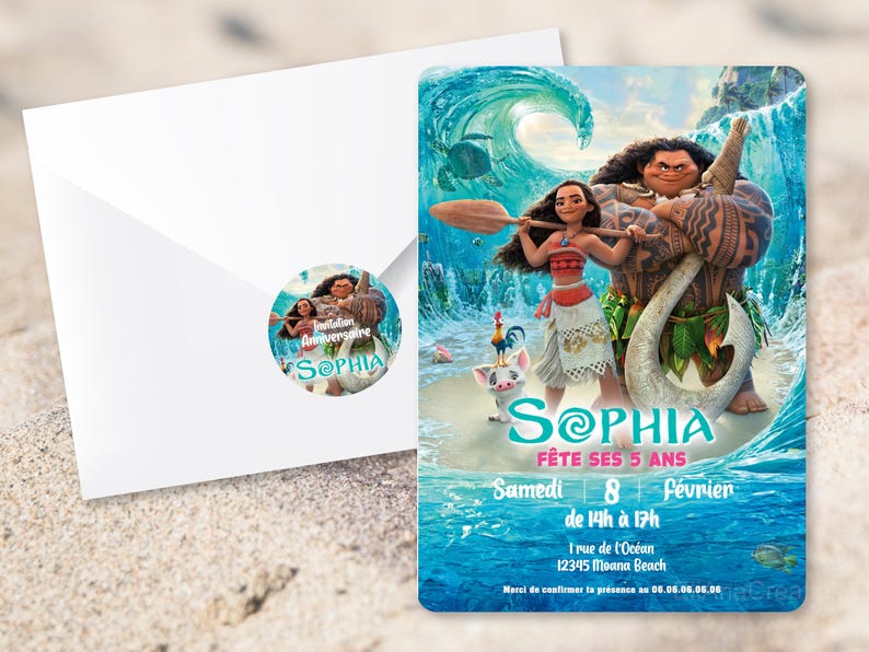 Carte d'invitation anniversaire à personnaliser sur le thème Vaiana - Princesse Moana - Disney image 2