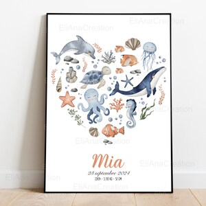 Cartel de nacimiento personalizado - Tema Universo Marino / Océano - Decoración de la habitación del bebé o regalo de nacimiento imagen 5