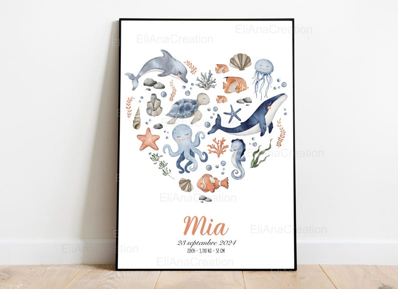 Cartel de nacimiento personalizado - Tema Universo Marino / Océano - Decoración de la habitación del bebé o regalo de nacimiento imagen 5