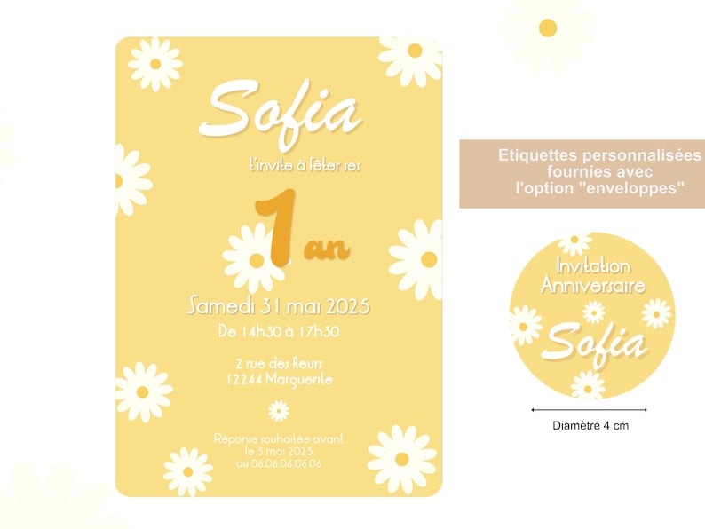 Carte d'invitation anniversaire à personnaliser sur le thème Marguerite / Thème floral - Faire-part anniversaire ou baptême image 3
