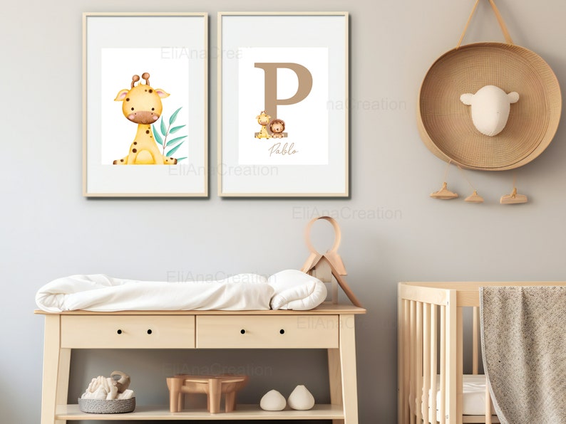 Set d'affiches personnalisées pour décoration chambre enfant / cadeau naissance Prénom & Animaux de la Savane Lion, Girafe, Tigre, Zèbre image 7