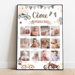Póster "Mi Primer Año" para personalizar con las fotos de tu hijo/a - Temática de coches, coche infantil vintage para montar, coches de carreras