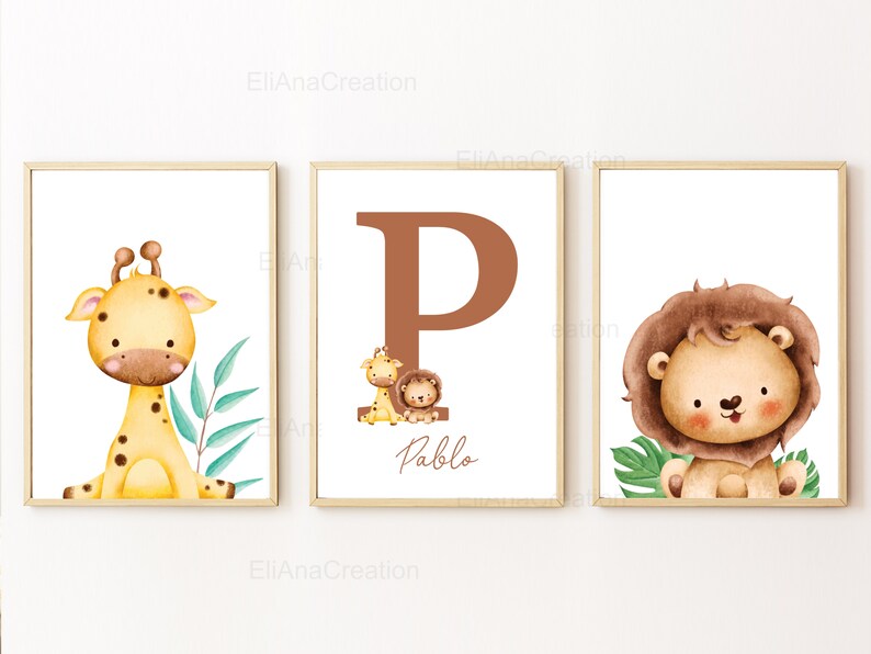 Set d'affiches personnalisées pour décoration chambre enfant / cadeau naissance Prénom & Animaux de la Savane Lion, Girafe, Tigre, Zèbre image 5