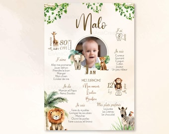 Póster personalizado de cumpleaños o bautizo - Temática jungla - Safari - Animales salvajes