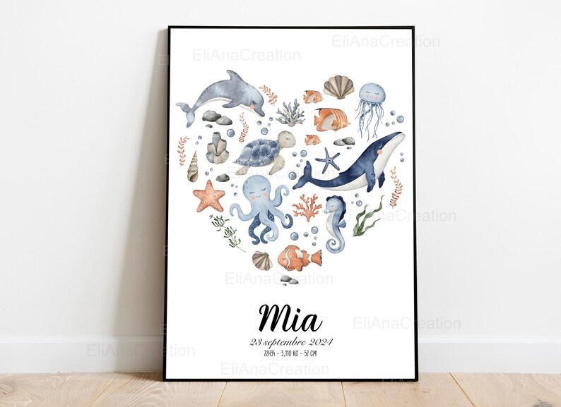 Cartel de nacimiento personalizado - Tema Universo Marino / Océano - Decoración de la habitación del bebé o regalo de nacimiento imagen 6