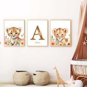 Lot d'affiches personnalisées pour décoration chambre enfant / cadeau de naissance - Prénom et bébé Animaux & Fleurs en aquarelle - Poster