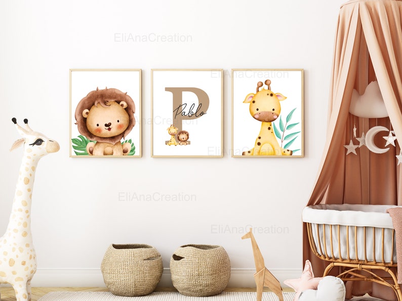 Set d'affiches personnalisées pour décoration chambre enfant / cadeau naissance Prénom & Animaux de la Savane Lion, Girafe, Tigre, Zèbre image 1
