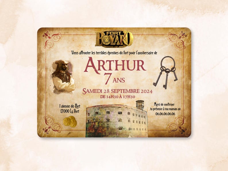 Carte d'invitation anniversaire à personnaliser sur le thème Fort Boyard / Faire-part anniversaire image 1