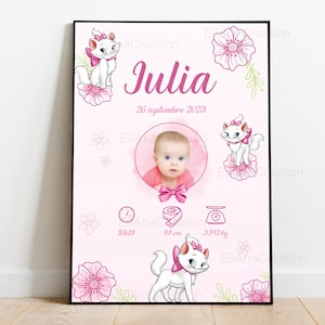 Personalized birth poster - Disney theme - Marie - First name poster - Decoration for the baby&#39;s room - PDF or printed