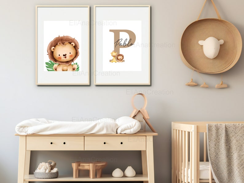 Set d'affiches personnalisées pour décoration chambre enfant / cadeau naissance Prénom & Animaux de la Savane Lion, Girafe, Tigre, Zèbre image 6