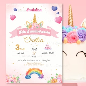 Carte d'invitation anniversaire à personnaliser sur le thème Licorne, Arc-en-Ciel, Fleurs - Faire-part anniversaire