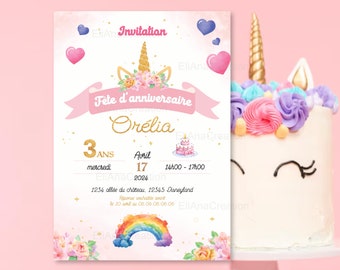 Carte d'invitation anniversaire à personnaliser sur le thème Licorne, Arc-en-Ciel, Fleurs