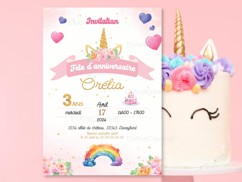 Cartão de convite de aniversário para personalizar no tema Unicórnio, Arco-Íris, Flores - Convite de aniversário imagem 1