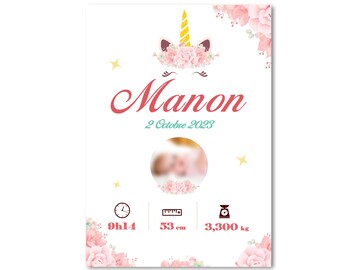 Affiche de naissance personnalisée - Thème Licorne, Fleurs - poster bébé, heure, taille, poids - PDF ou imprimée
