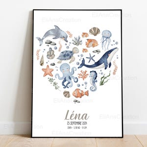 Cartel de nacimiento personalizado - Tema Universo Marino / Océano - Decoración de la habitación del bebé o regalo de nacimiento imagen 4