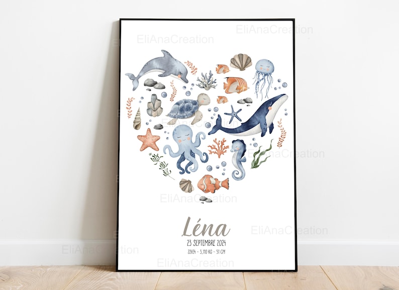 Cartel de nacimiento personalizado - Tema Universo Marino / Océano - Decoración de la habitación del bebé o regalo de nacimiento imagen 4