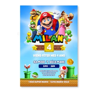 Cartão de convite de aniversário para personalizar no tema Super Mario - Videogame / Anúncio de aniversário imagem 5
