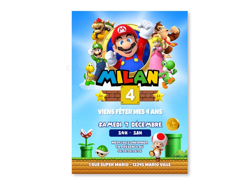 Cartão de convite de aniversário para personalizar no tema Super Mario - Videogame / Anúncio de aniversário imagem 5