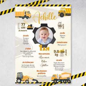 Póster de cumpleaños o bautizo para personalizar - Tema Máquinas, Camiones, Obras y Obras