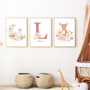 Set of personalized posters for children's bedroom decoration - First name and animals in watercolor - Printed version