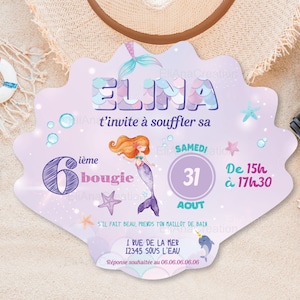 Carte d'invitation anniversaire à personnaliser sur le thème Sirène - Coquillage - Mermaid - Faire-part anniversaire