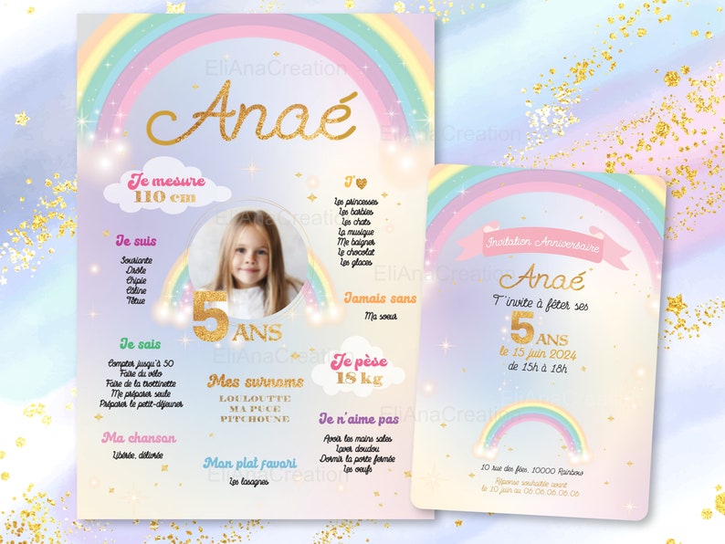 Carte d'invitation anniversaire à personnaliser sur le thème Arc-en-Ciel, étoiles, couleurs pastel / Faire-part anniversaire image 8