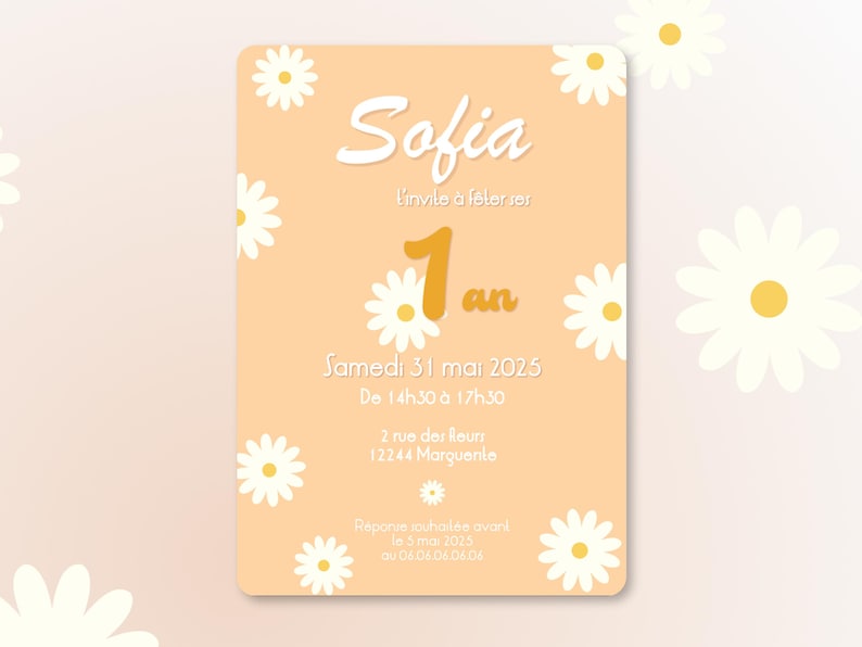 Carte d'invitation anniversaire à personnaliser sur le thème Marguerite / Thème floral - Faire-part anniversaire ou baptême image 6