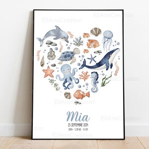 Cartel de nacimiento personalizado - Tema Universo Marino / Océano - Decoración de la habitación del bebé o regalo de nacimiento imagen 3