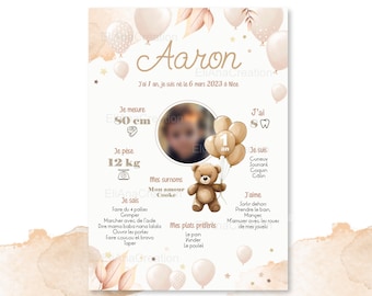 Póster personalizado de cumpleaños o bautizo - Temática de osito de peluche
