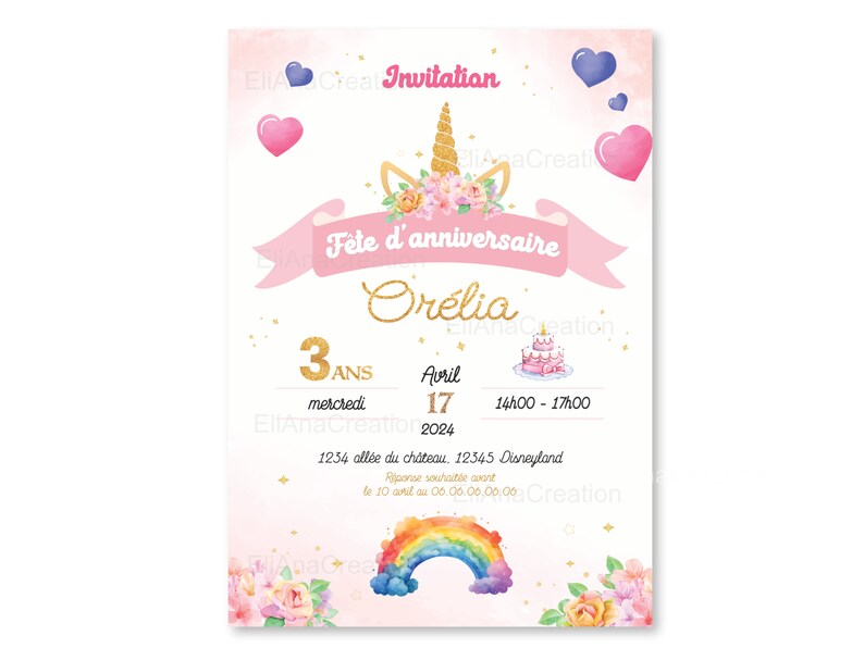 Cartão de convite de aniversário para personalizar no tema Unicórnio, Arco-Íris, Flores - Convite de aniversário imagem 5
