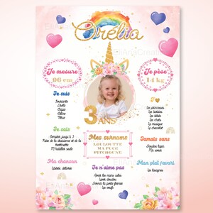 Póster de cumpleaños personalizado Unicornio, arcoíris, corazones y flores.