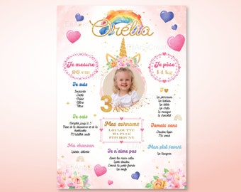 Affiche anniversaire personnalisée Licorne, arc-en-ciel, coeurs et fleurs