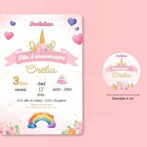 Cartão de convite de aniversário para personalizar no tema Unicórnio, Arco-Íris, Flores - Convite de aniversário imagem 3