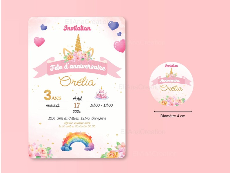 Cartão de convite de aniversário para personalizar no tema Unicórnio, Arco-Íris, Flores - Convite de aniversário imagem 3