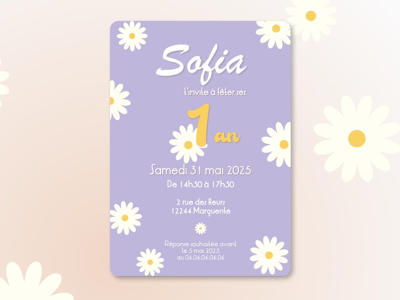 Carte d'invitation anniversaire à personnaliser sur le thème Marguerite / Thème floral - Faire-part anniversaire ou baptême image 7