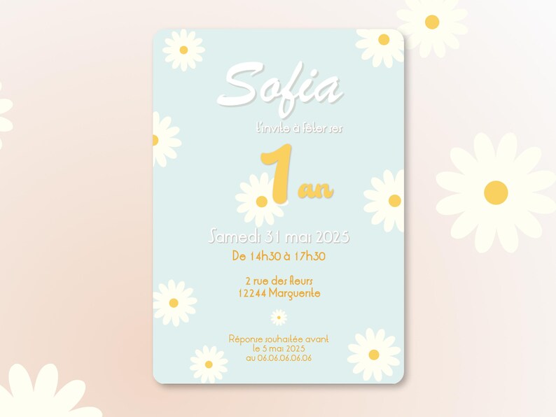 Carte d'invitation anniversaire à personnaliser sur le thème Marguerite / Thème floral - Faire-part anniversaire ou baptême image 9