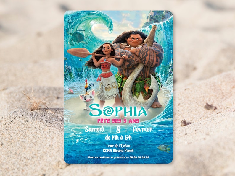 Carte d'invitation anniversaire à personnaliser sur le thème Vaiana - Princesse Moana - Disney image 1