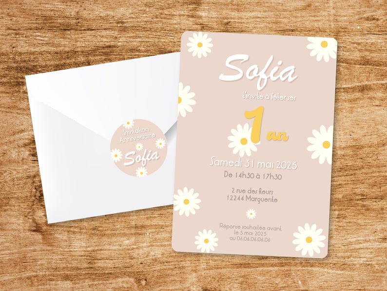 Carte d'invitation anniversaire à personnaliser sur le thème Marguerite / Thème floral - Faire-part anniversaire ou baptême image 1