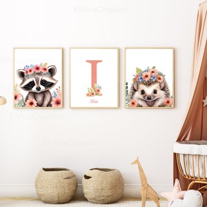 Set personalisierter Poster für Kinderzimmerdekoration / Geburtsgeschenk - Vorname und Waldtiere in Aquarell - Poster