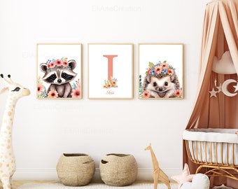 Set of personalized posters for children's room decoration / birth gift - First name and Forest Animals in watercolor - Poster