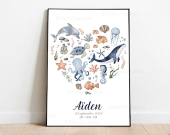 Personalized birth poster - Marine Universe / Ocean theme - Baby room decoration or birth gift