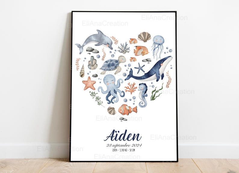 Cartel de nacimiento personalizado - Tema Universo Marino / Océano - Decoración de la habitación del bebé o regalo de nacimiento imagen 1
