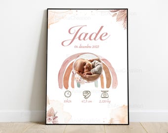 Cartel de nacimiento personalizado - Boho Rainbow & Flowers - Cartel de nombre - Decoración para habitación de bebé - Impreso o digital