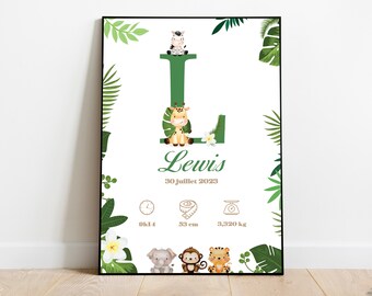 Cartel de nacimiento personalizado - Tema selva, Animales - Cartel de nombre - Decoración para la habitación del bebé - Impreso o digital