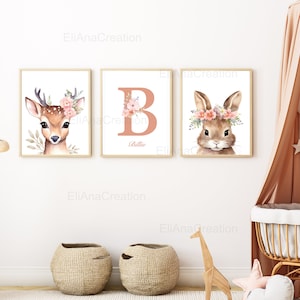 Set of personalized posters for child's room decoration / birth gift - First name and Forest Animals in watercolor - Poster