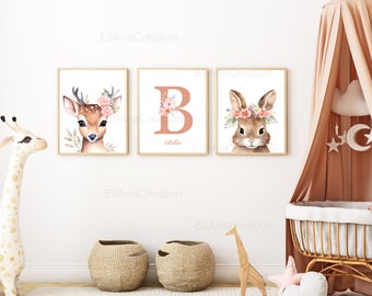 Lot d'affiches personnalisées pour décoration chambre enfant / cadeau de naissance - Prénom et Animaux de la Forêt en aquarelle - Poster