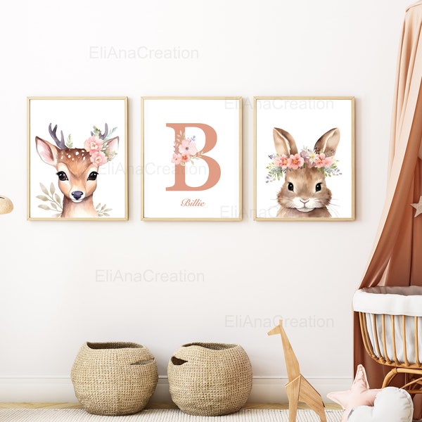 Lot d'affiches personnalisées pour décoration chambre enfant / cadeau de naissance - Prénom et Animaux de la Forêt en aquarelle - Poster